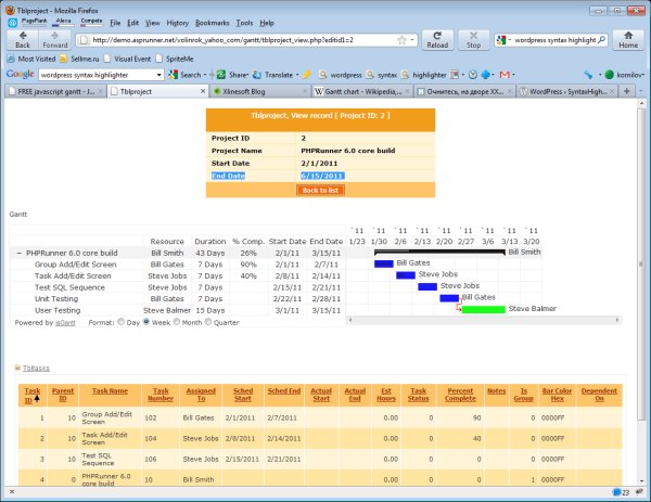 Sample GANTT chart in PHPRunner