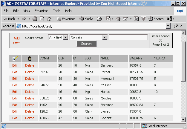 Sample generated ASP page